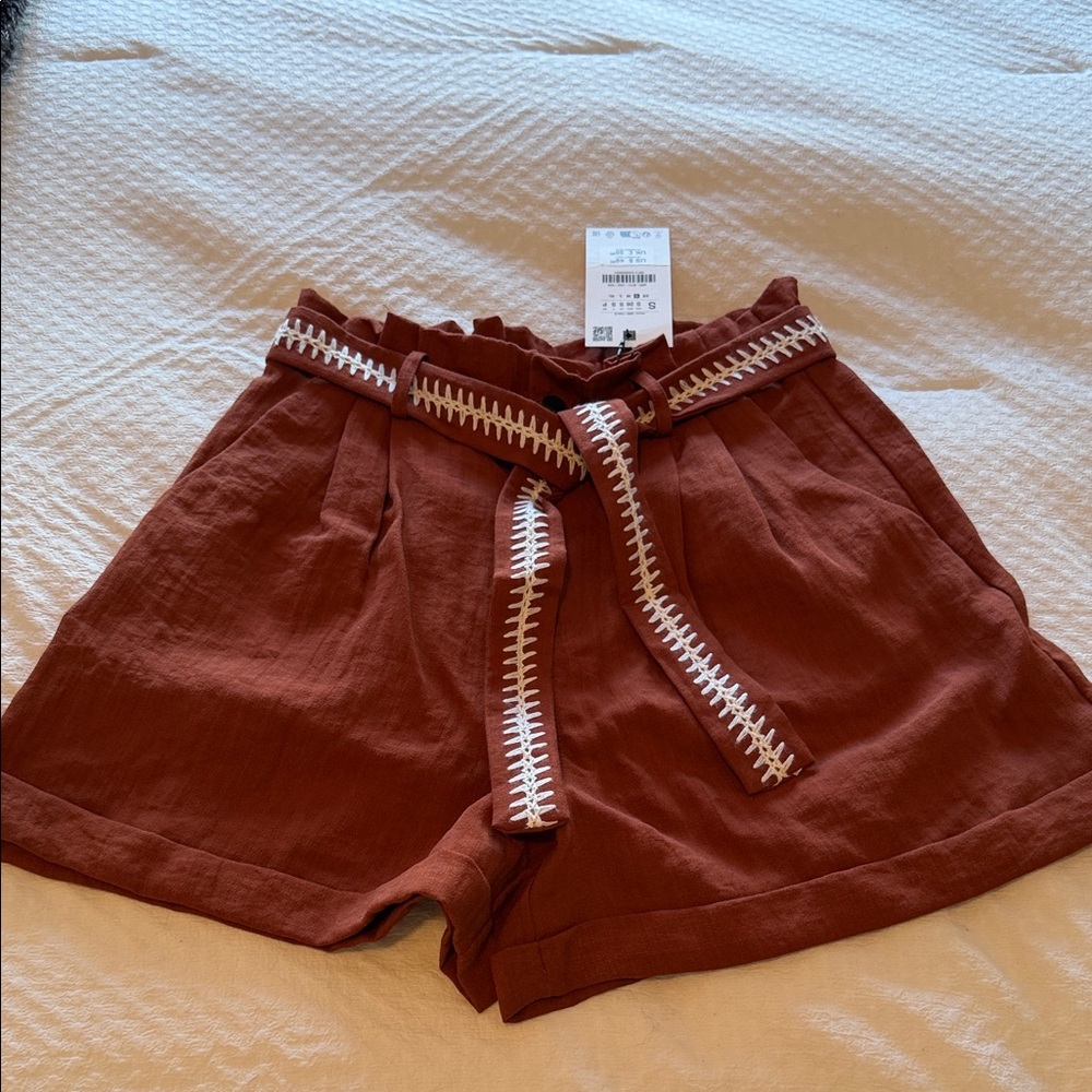 Zara High Waist Brown Shorts with White Detailing